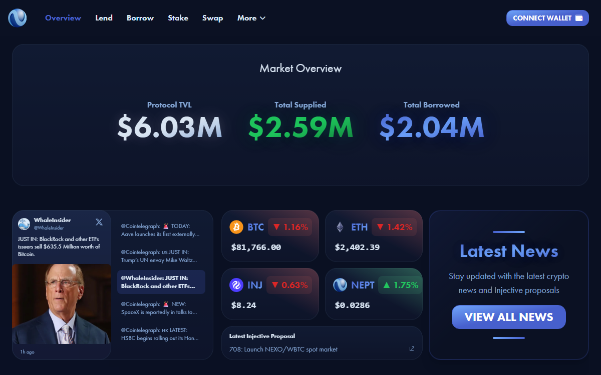 app.nept.finance market overview with lending, borrowing, and protocol totals